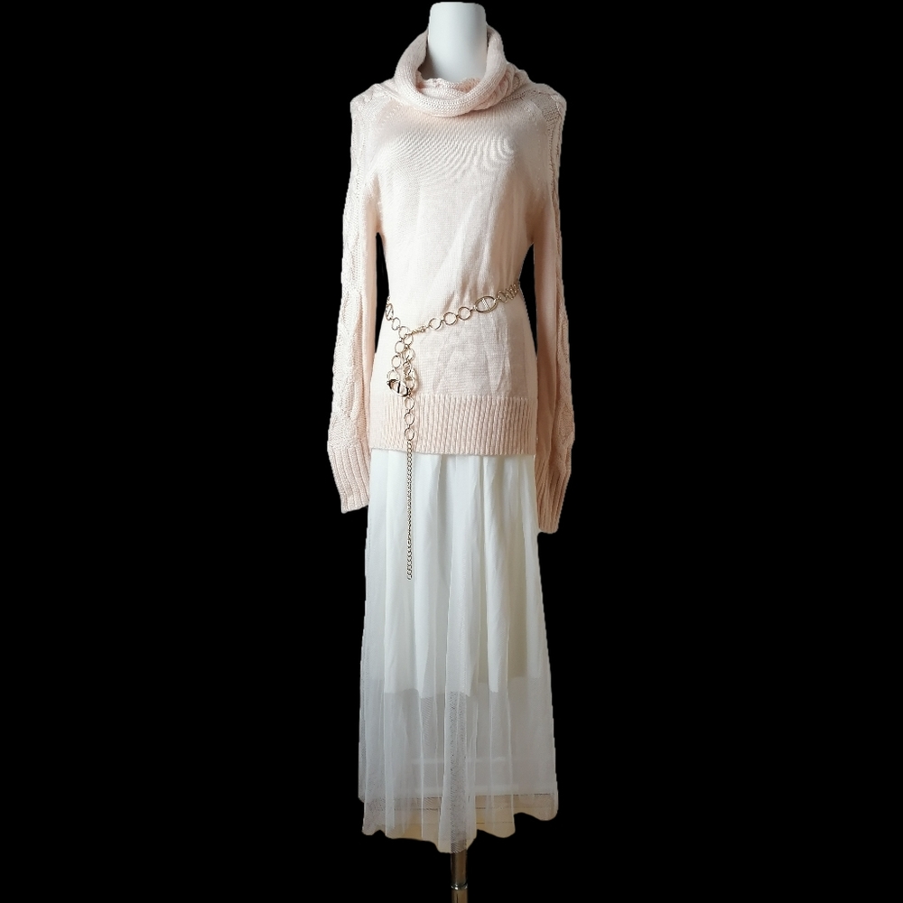 pink cowl neck long sleeve knitted sweater